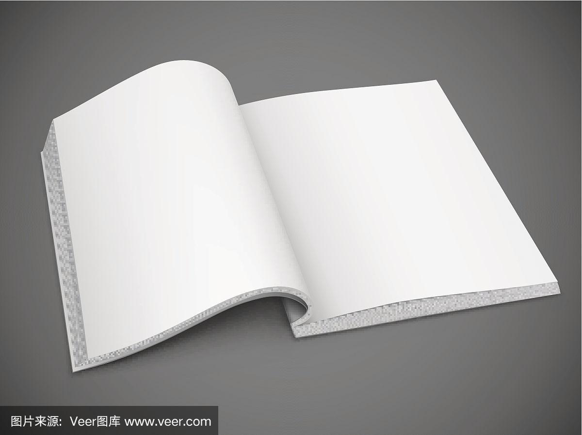 一本翻开的书,灰色的背景上有空白的白色书页