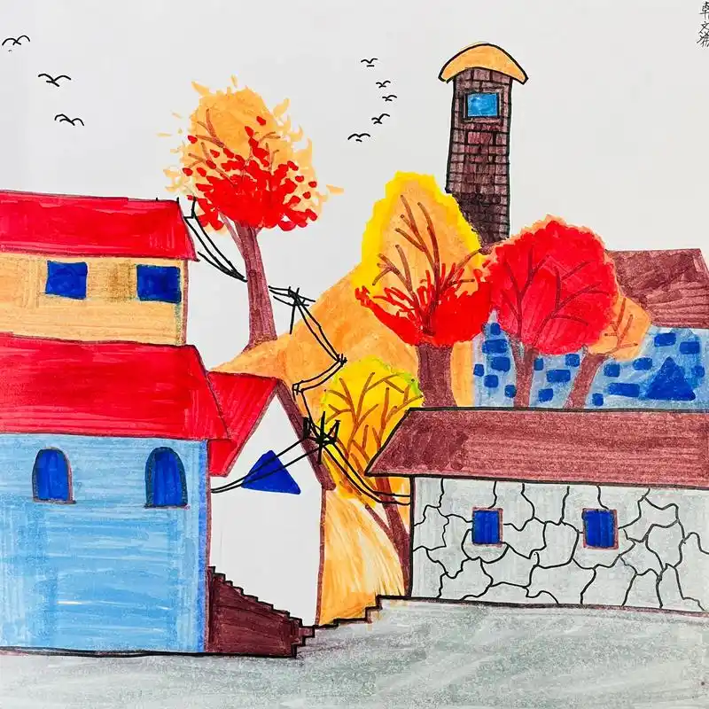 儿童绘画作品 #秋日#治愈系风景 - 抖音