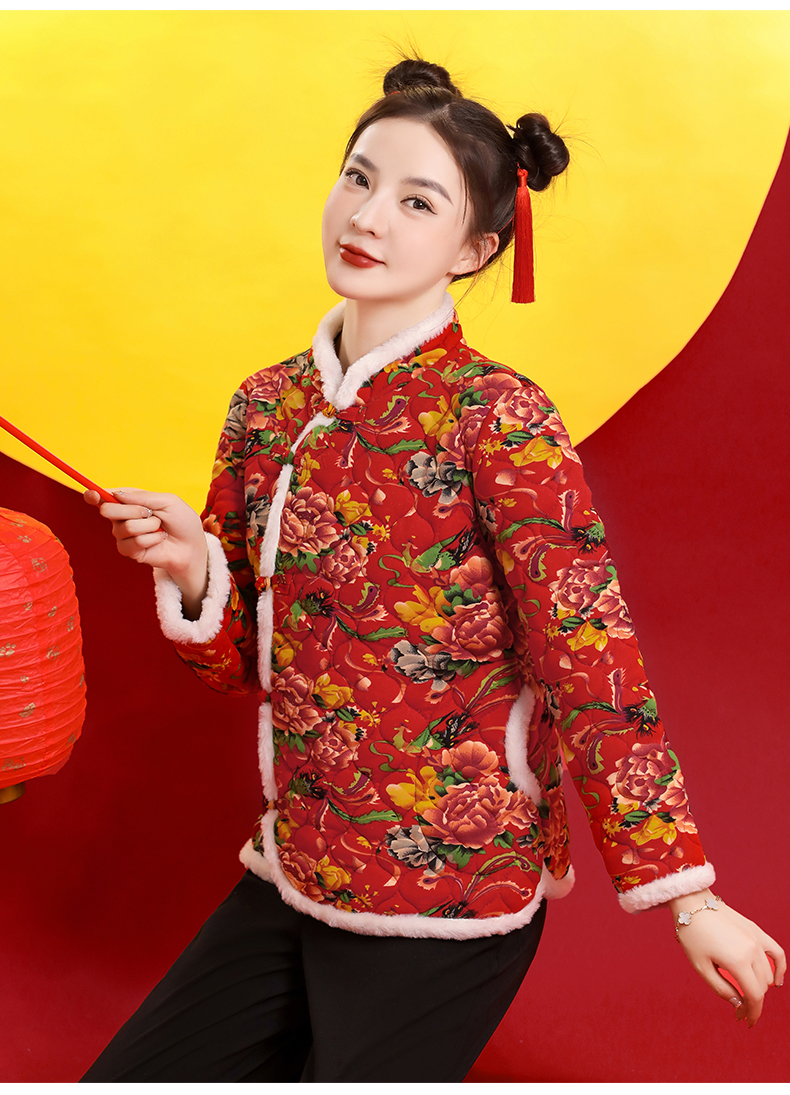 东北大花秋冬复古民族风棉服小棉袄短款棉麻印花棉衣复古盘扣外套
