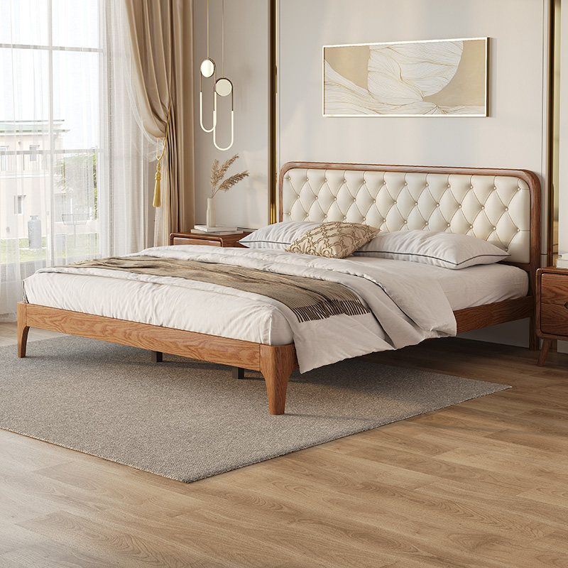 木床北欧全实现代简约18米15m双人人主卧室真皮实木床