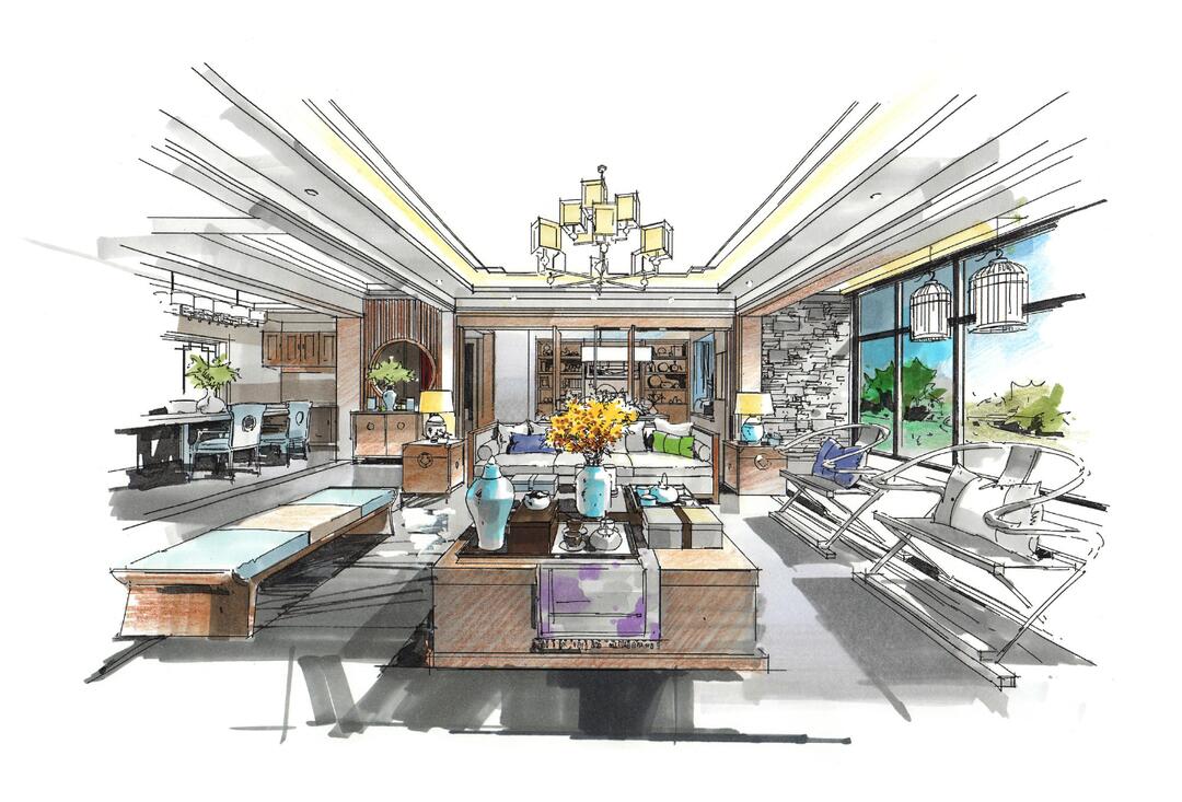 名家手绘效果图100例-【117】中式客厅设计