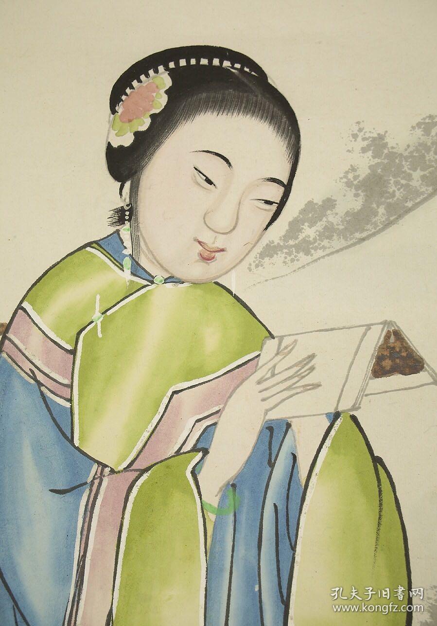 民国时期手绘仕女年画《蕉下读书图》