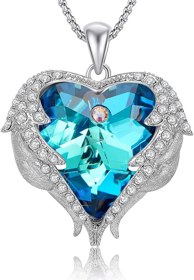 caperci 天使之翼心形施华洛世奇水晶吊坠项链 - 浪漫情人节首饰送给