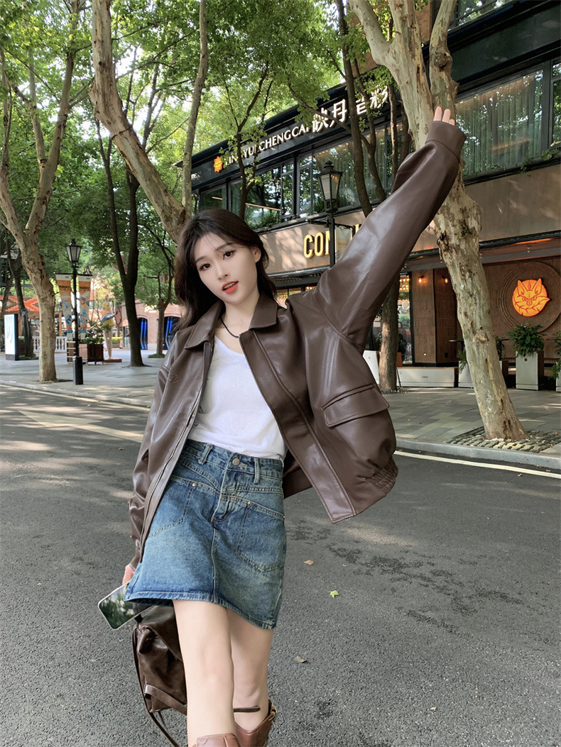 美拉德穿搭皮衣外套女春秋新款美式复古夹克机车服小个子咖色上衣