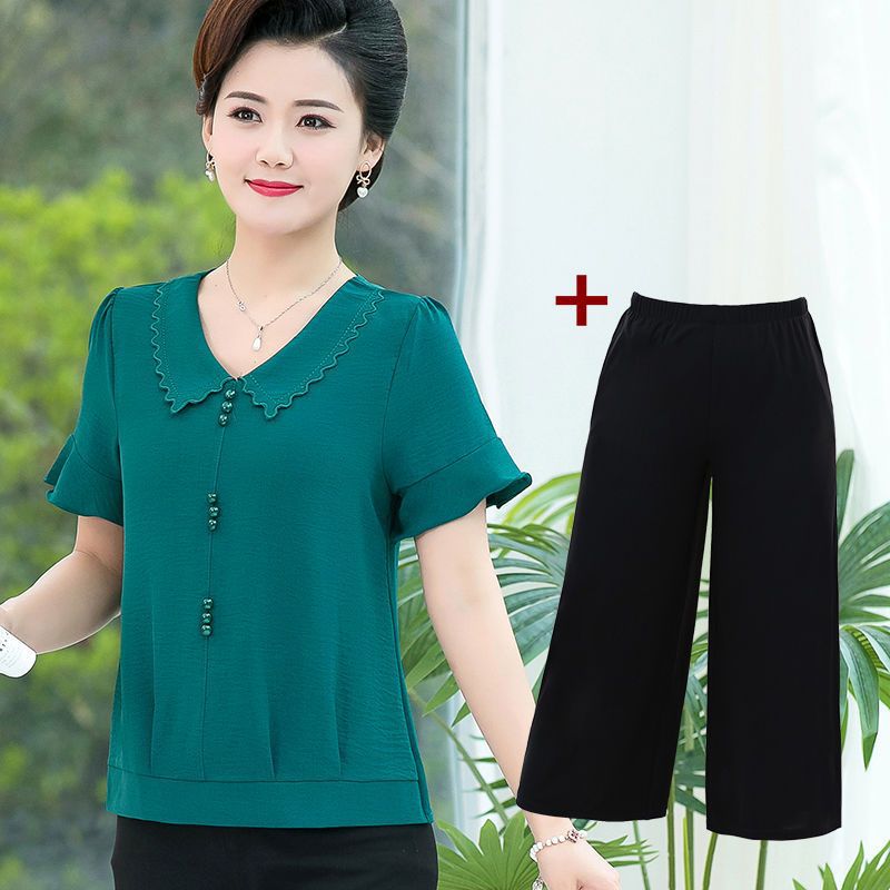 中年妈妈夏装新款上衣雪纺时尚两件套装中老年短袖t恤女夏天衣服