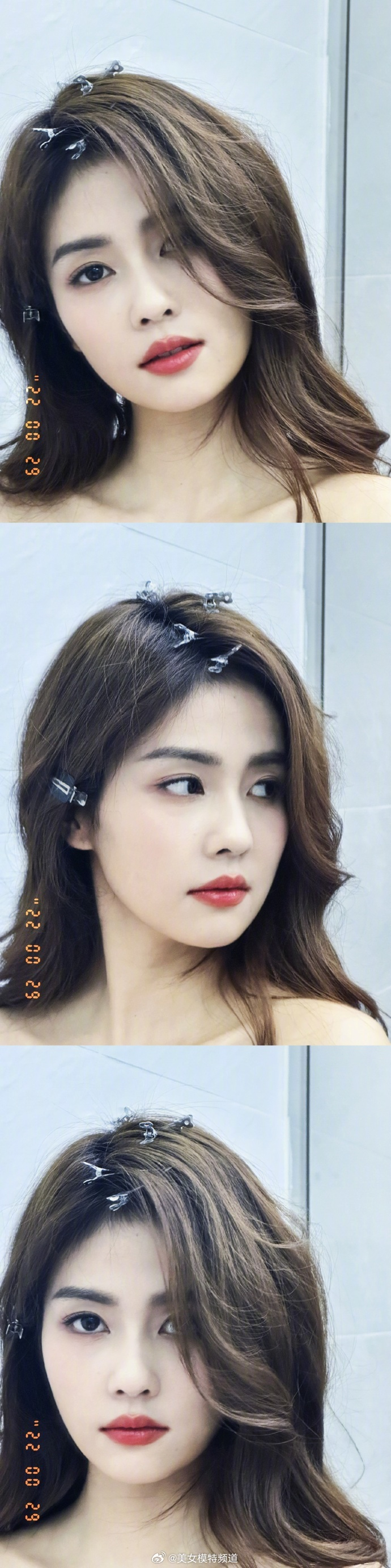 白鹿分享日常生活照等待化妆做发型时对镜自拍甜美可爱