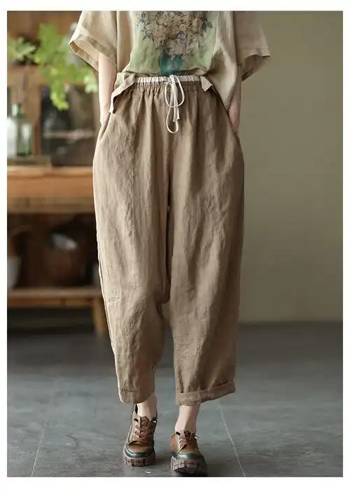 官方自営 旗舰官方店大码亚麻裤子女2021夏季新款拼色阔腿萝卜裤女