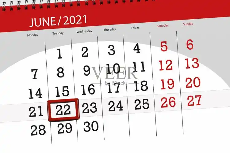 2021年6月的日历计划,截止日期,22日,星期二插画图片素材