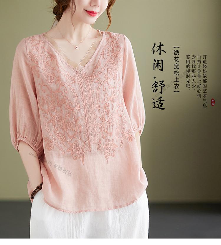 素素棉麻女装夏季女士苎麻上衣夏装2022新款中年妈妈装棉麻休闲t恤