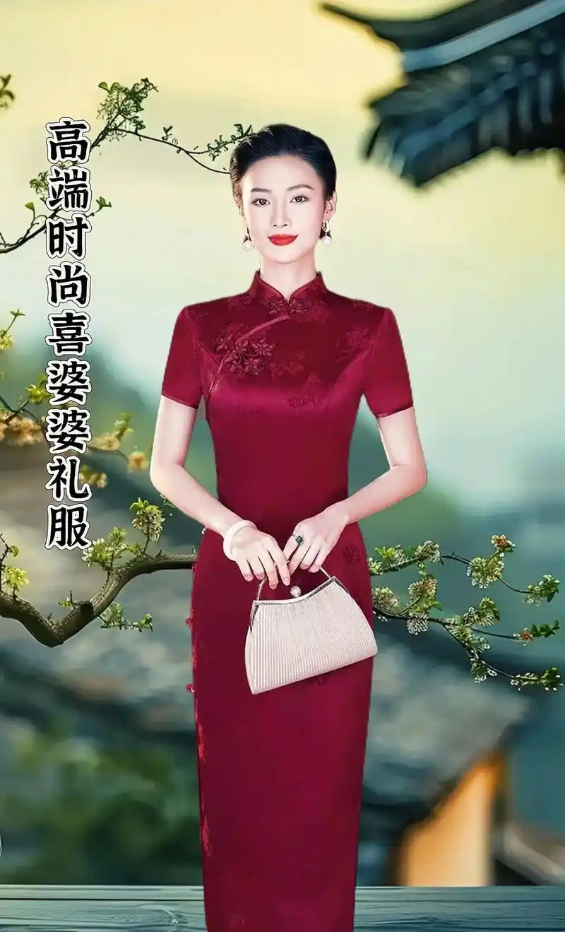 这款婆婆刺绣婚宴旗袍采用高品质三醋酸聚纤和聚酯纤维面料,手感柔软