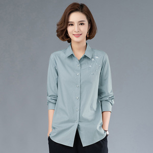 中年春秋装款四五十岁妈妈衬衫女长袖纯棉中老年宽松全棉衬衣洋气