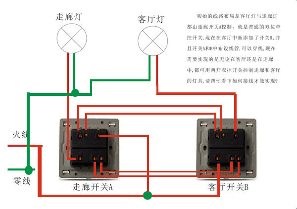 如何使用两位双控开关达到图中的灯具控制要求?(附图)