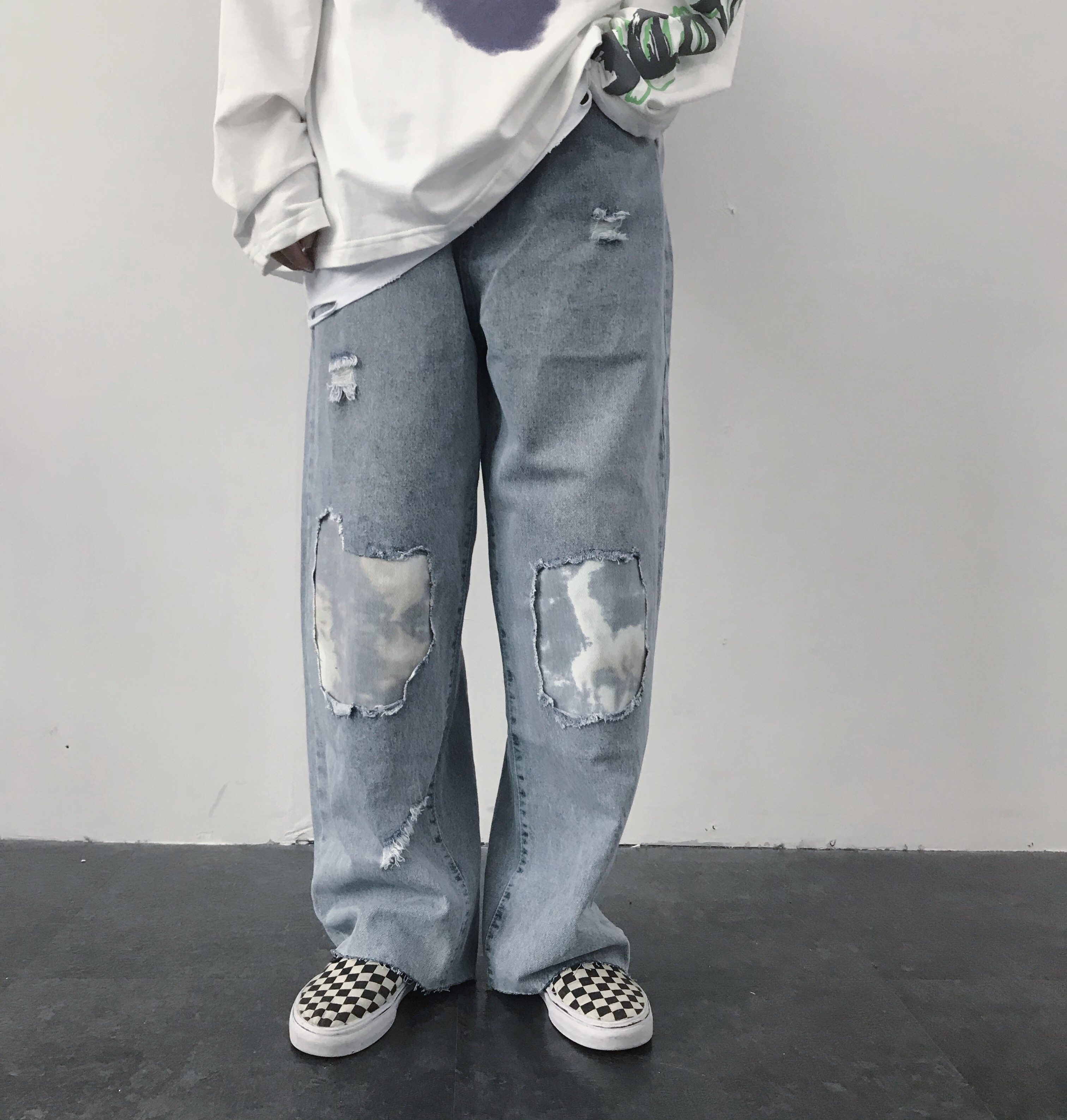 新款浅蓝色chic高腰补丁裤子韩版宽松破洞显瘦百搭直筒牛仔裤女