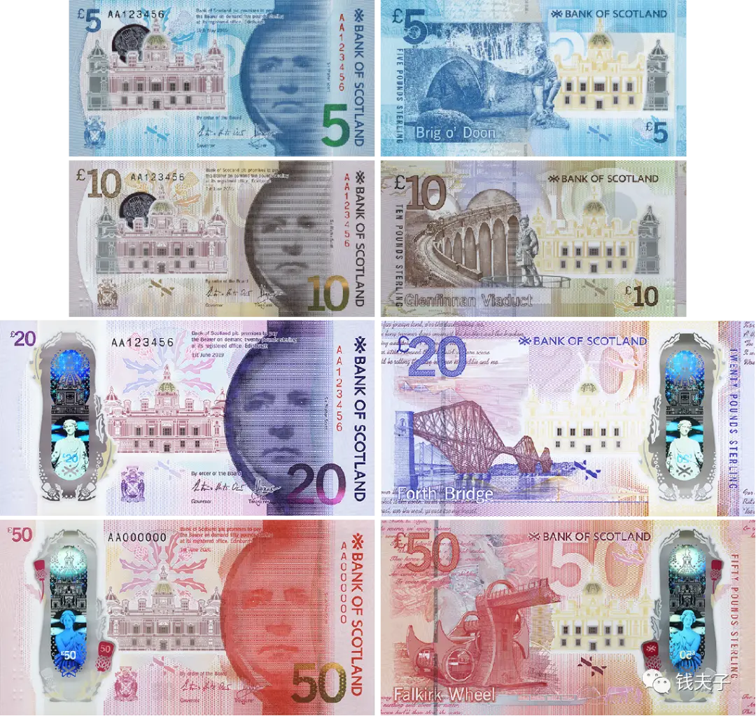 新版的100英镑塑料钞,正面图案延续了前面的设计,采用了小说家沃尔特