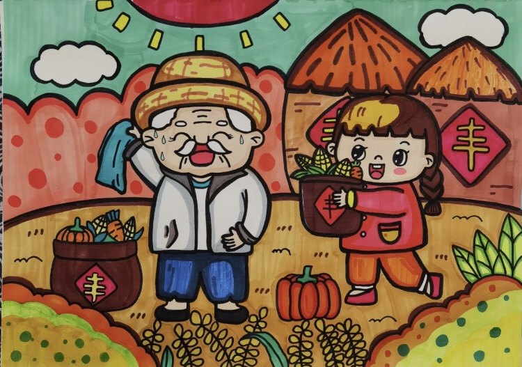 秋天的田野儿童画模板手抄报小学一二三丰收手绘线稿主题绘画果实