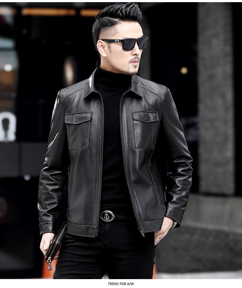 2020春季新款皮衣男真皮绵羊皮机车短款翻领男士皮夹克休闲皮外套