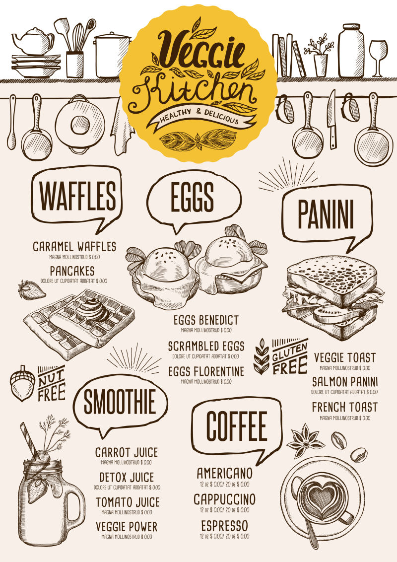 创意矢量现代手绘风格的餐厅菜单设计