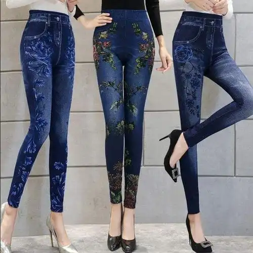 春夏款薄款印花仿女裤长裤裤外穿打底女士高牛仔中老年花裤弹力
