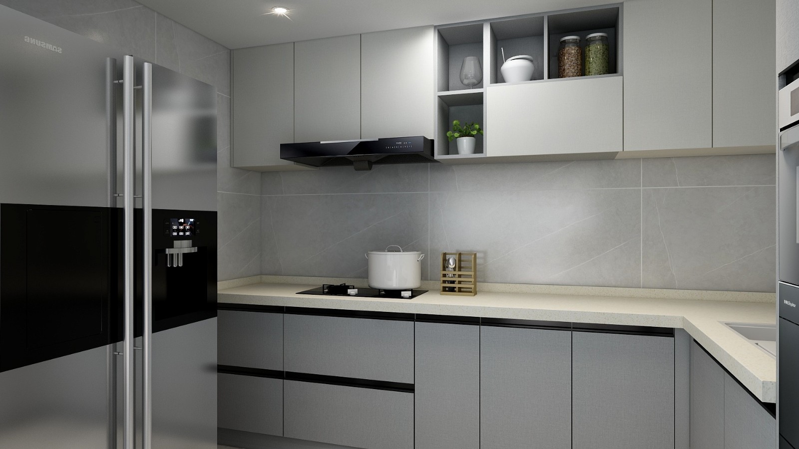 整体橱柜颜色偏现代,突出风格