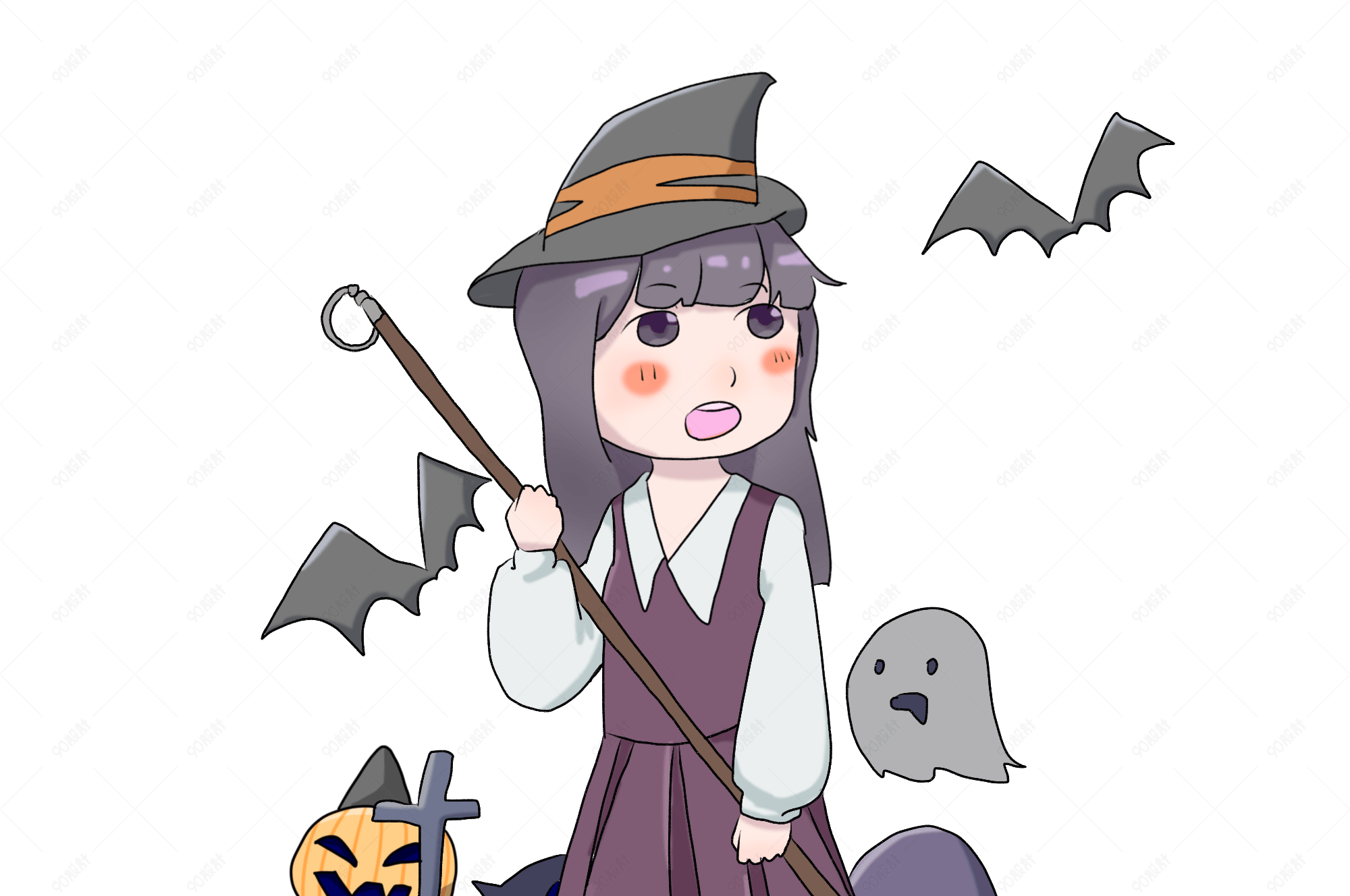 万圣节拿着扫帚的女巫手绘插画
