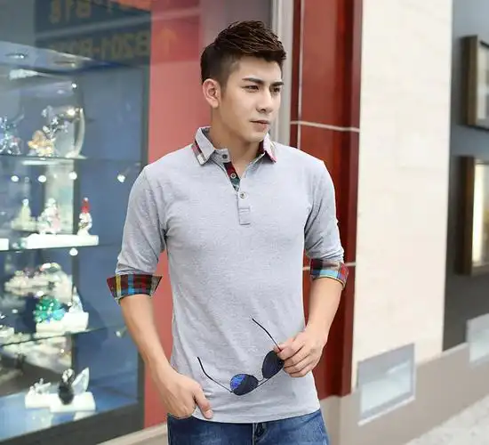 纯色 秋季新款 青年纯色上衣加肥加大码 男士长袖t恤衬衫领纯棉打底衫