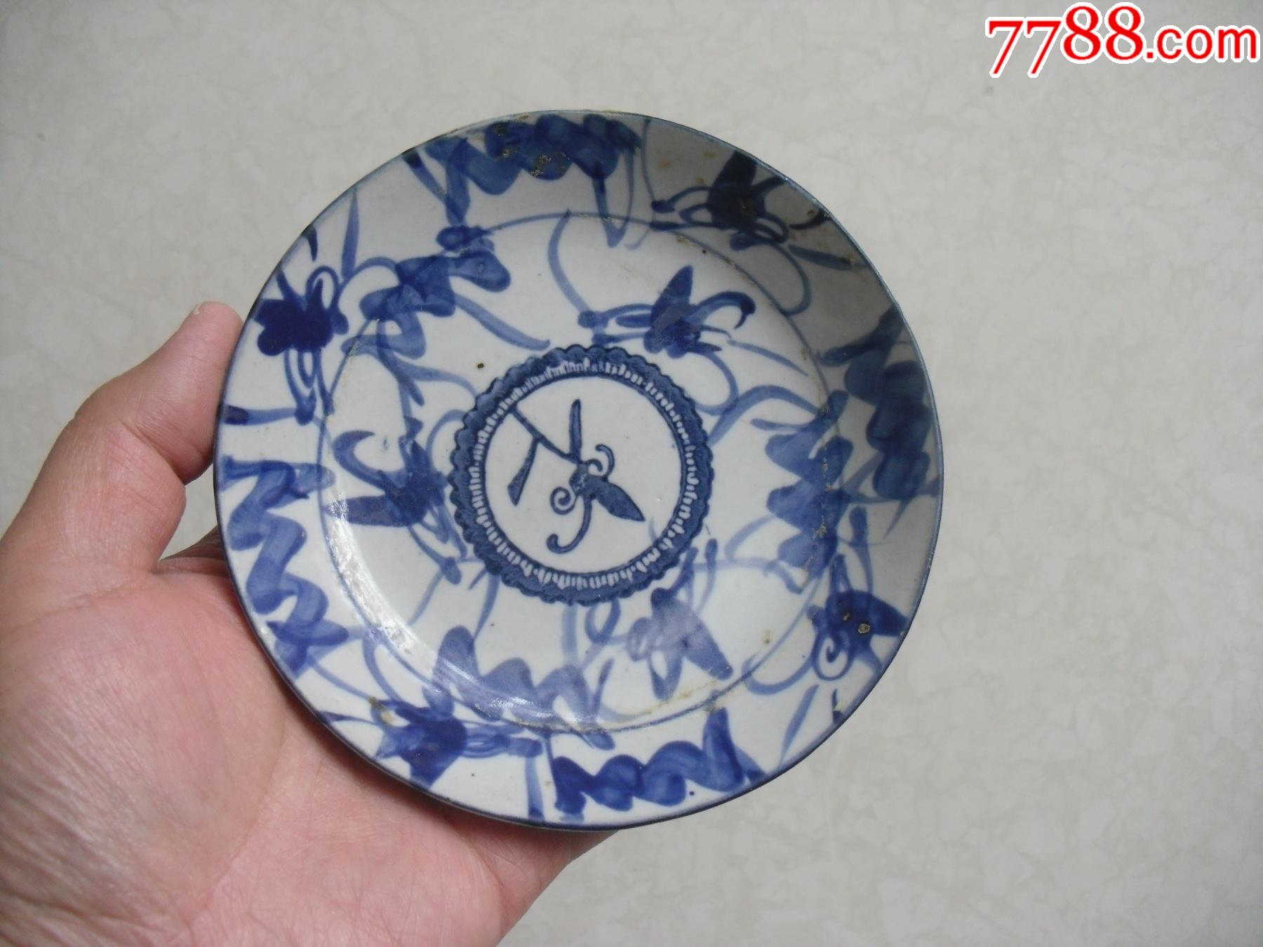 清末民国时期/民窑手绘花卉图案青花盘子-青花瓷-7788商城__七七八八