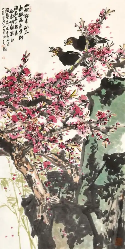 阳春三月始芳菲——鞠占圃"桃花·八哥"大写意花鸟画作品赏析