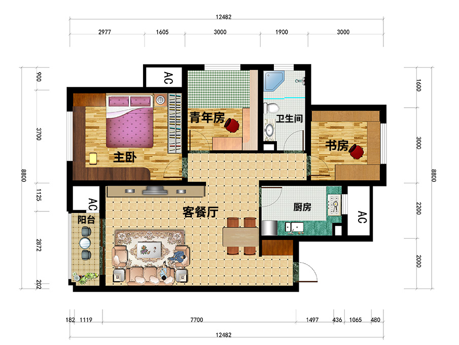 北京廊坊孔雀城大学里3房2厅95平全屋定制家具平面设计图