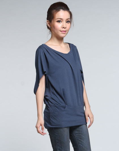 深灰蓝色休闲简约中袖针织上衣