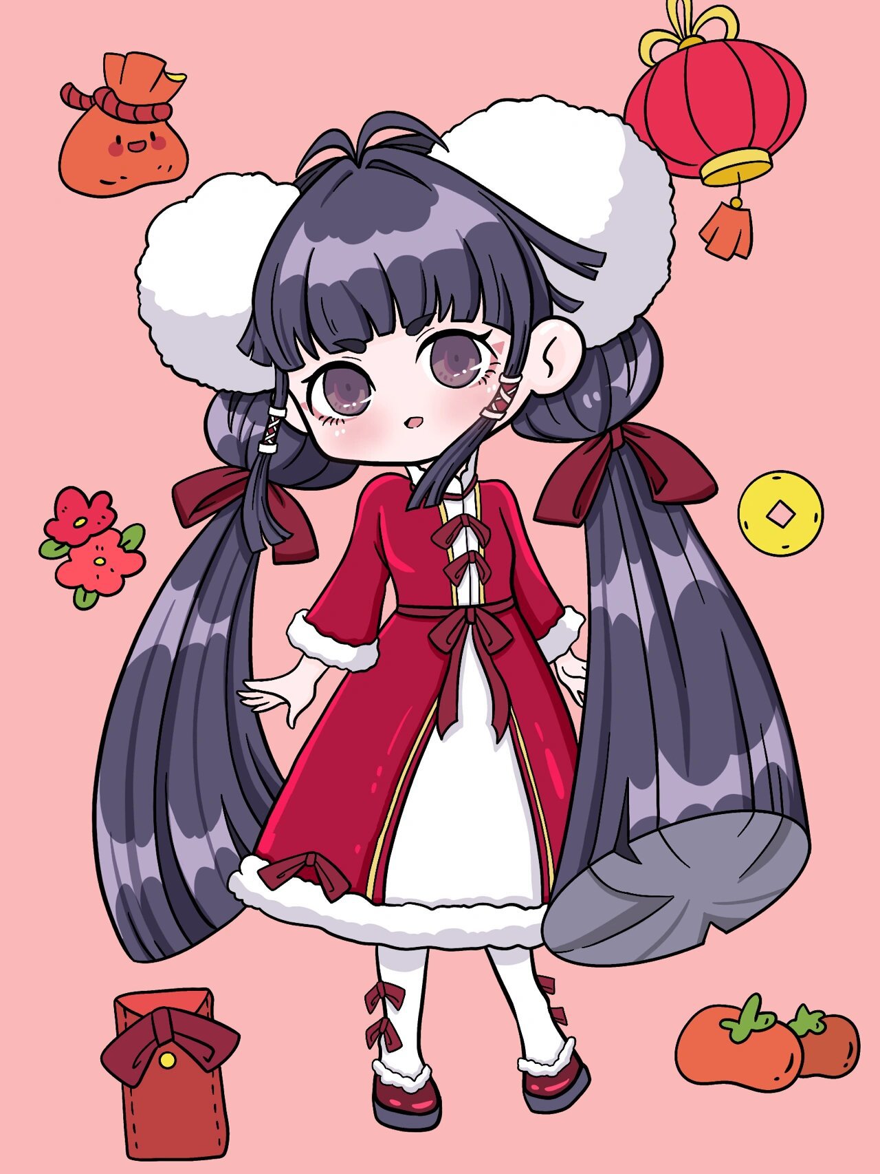 新年元旦春节简笔画贴纸卡通q版人物可爱女 原创动漫人物全身站姿