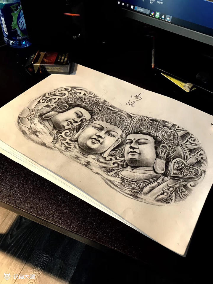原创前胸三圣佛_纹身图案手稿图片_张敏的纹身作品集