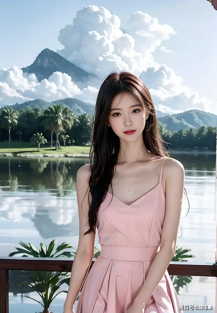 高清美女壁纸,美丽湖畔的粉色连衣裙小姐姐