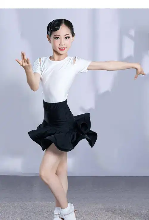 套装舞蹈服儿童拉丁舞服女童练功服分体跳舞服装短袖女孩春季黑色上衣