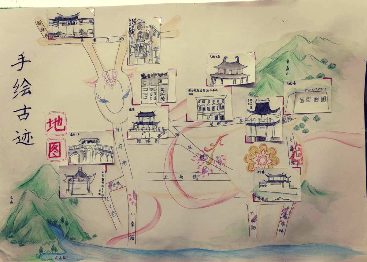 广场路小学手绘古迹地图-美福卡