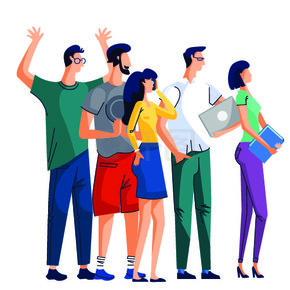 一群人,男人和女人,欢欣鼓舞的上班族站在一起,快乐的男人举起双手.