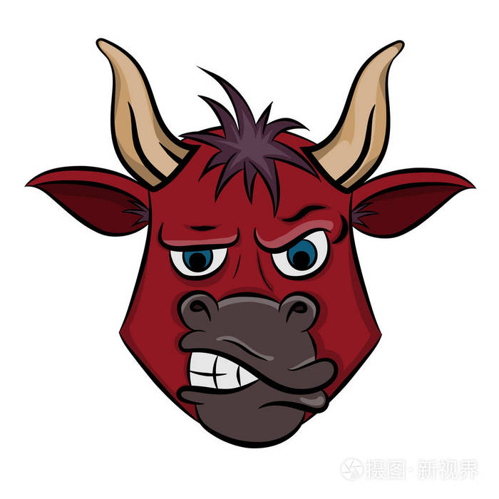 白色背景上的彩色矢量平图在白色背景公牛头贴纸阴险的看小公牛的卡通