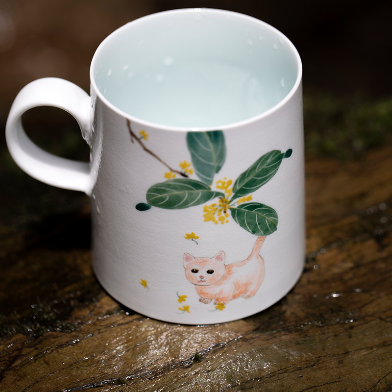 山水间萌猫手绘景德镇手工陶瓷马克杯水水杯可爱马克杯