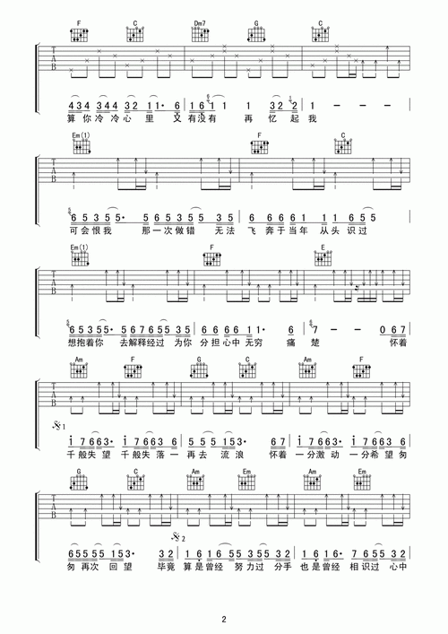 也曾相识_吉他谱_谭咏麟曲谱图片第2张