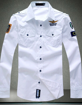 墨麒麟男士2016修身空军一号衬衫时尚休闲长袖微章小清新衬衣 白色 xl