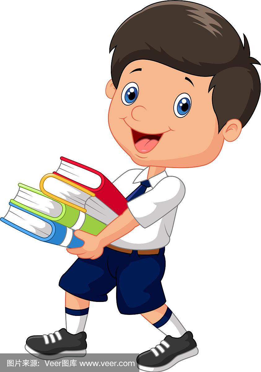 卡通男孩拿着一堆书