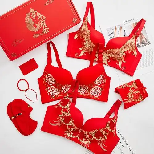 红色小胸罩内裤女红色套装花瓣款三角裤婚庆文胸聚拢内衣女薄厚.