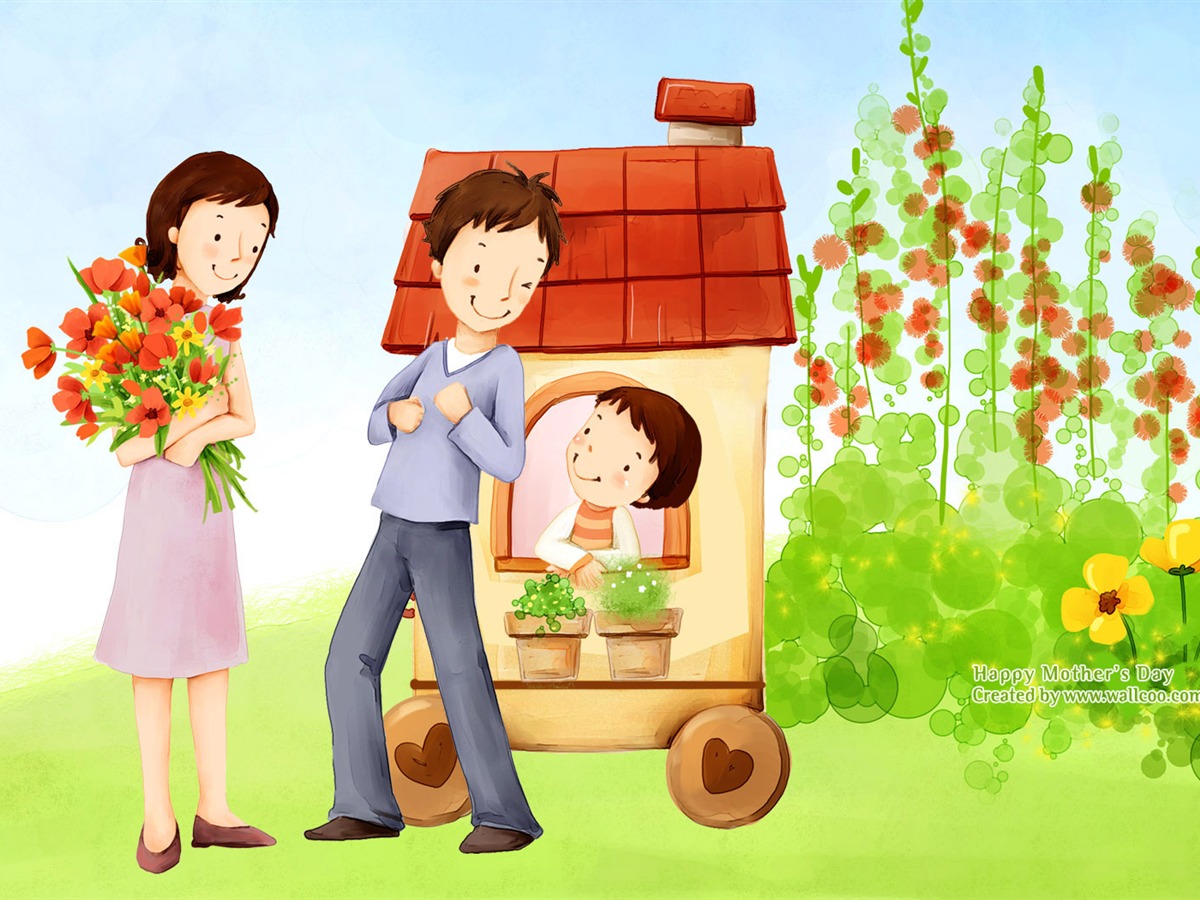 描述: 甜蜜幸福的家庭 - 母亲节可爱的艺术插图 当前壁纸尺寸: 1200 x