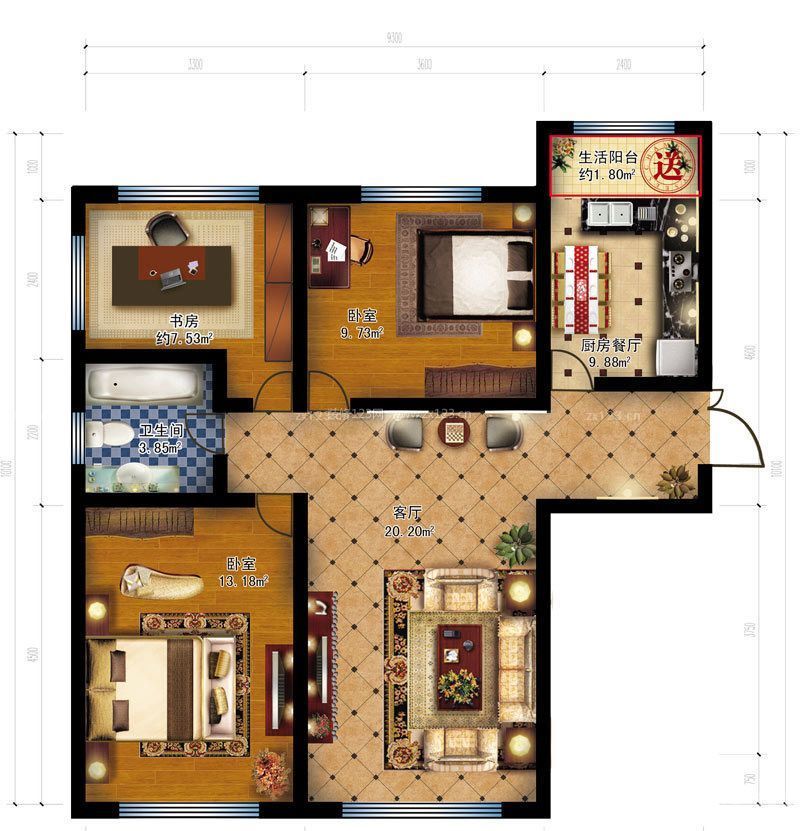 三室一厅一卫户型图