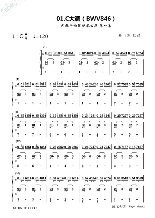巴赫十二平均律 第一卷 c大调 双手弹奏 简谱