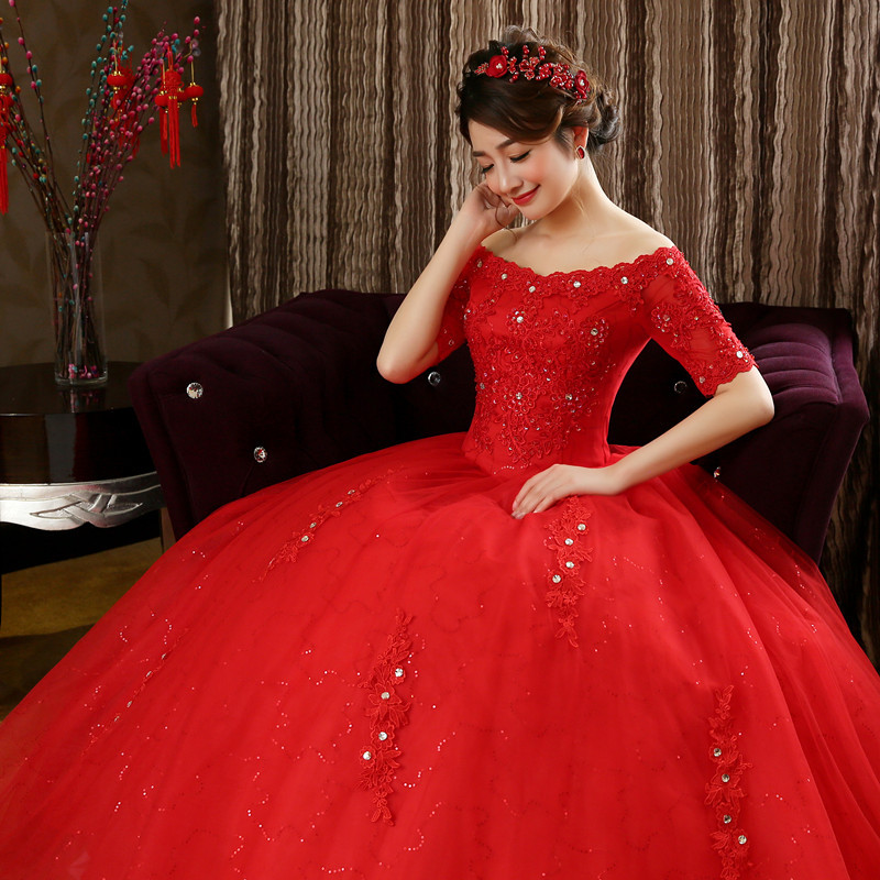 婚纱礼服2020新款新娘蕾丝中袖一字肩齐地大红色影楼婚纱批发 y20