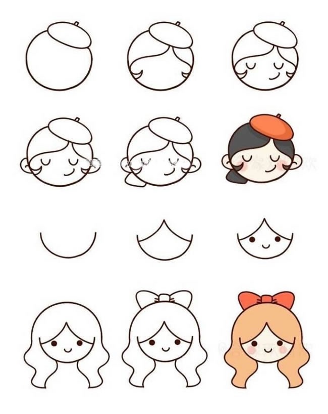 小女孩头像简笔画步骤图解 卡通小女孩头像简笔画 可爱的小女孩头像简