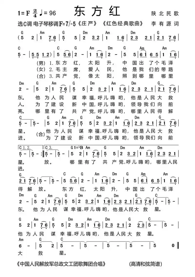 东方红《红色经典歌曲》电子琴93和弦简谱 - 抖音