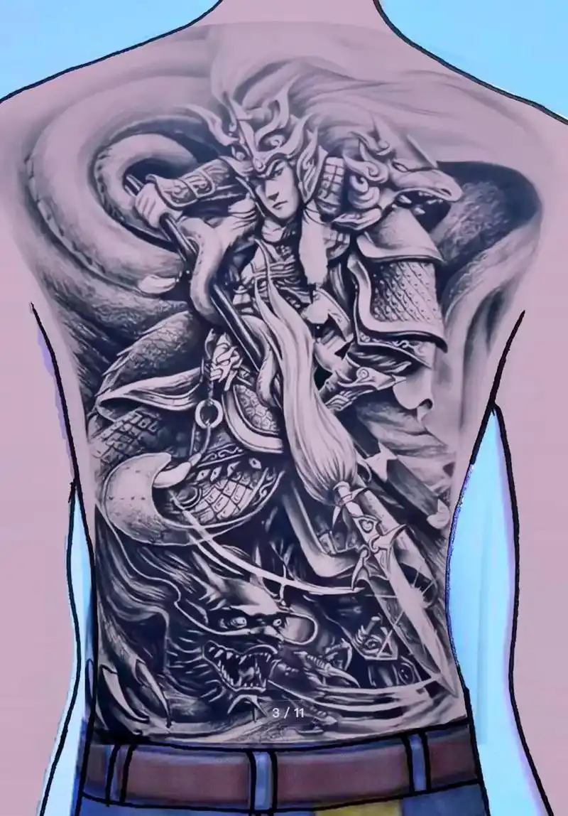 满背赵云上身效果图,张张经典.你最喜欢哪一张?#纹身手稿 # - 抖音