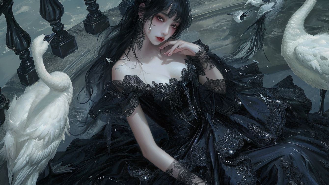 高质量精美壁纸 链接自取 《一位身穿黑色裙子的中国美女坐在楼梯上》