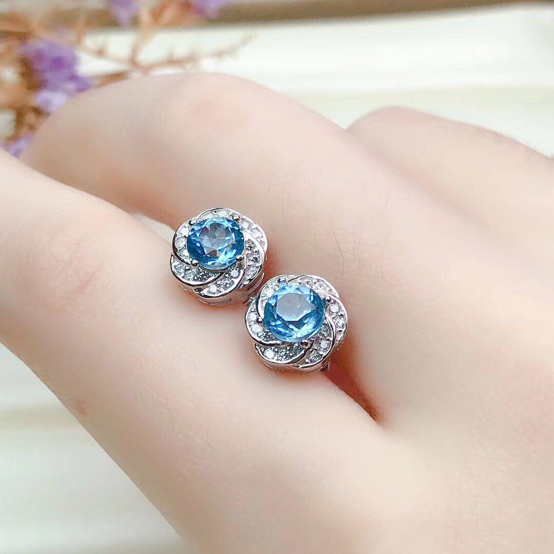 天然瑞士蓝托帕石耳钉女925纯银镀18k白金蓝色宝石日韩特价包邮